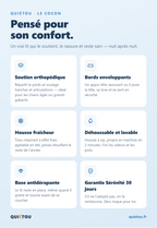 Les atouts du Cocon Quiétou — soutien orthopédique, bords enveloppants, housse fraîcheur, déhoussable et lavable, base antidérapante, garantie 30 jours