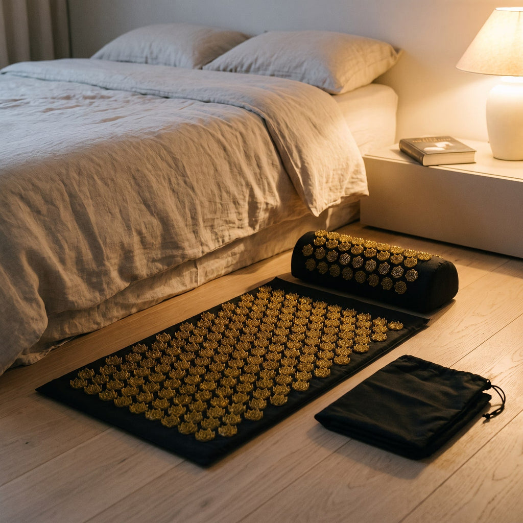 Le Kit PuraDorse déroulé au pied du lit, prêt pour la séance du soir