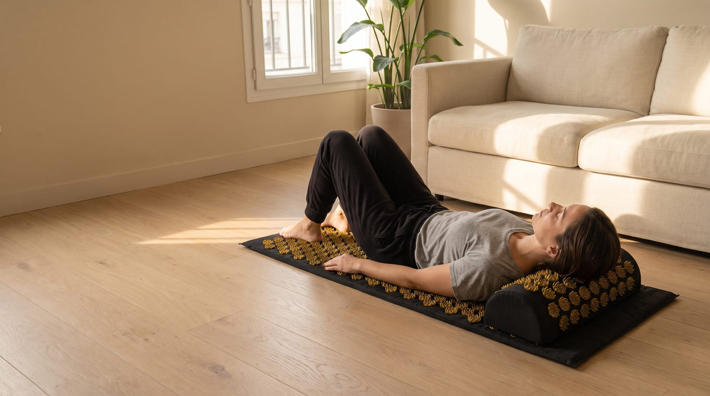 Séance de quinze minutes sur le tapis d'acupression PuraDorse, dans un salon en fin de journée